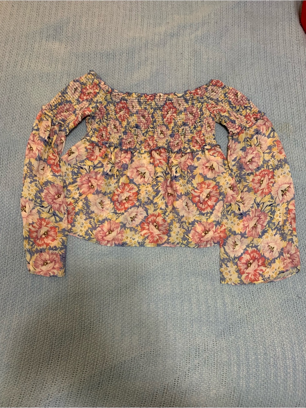 INTERMIX Floral Off-the-Shoulder Smocked Crop Top - Pink/Blue